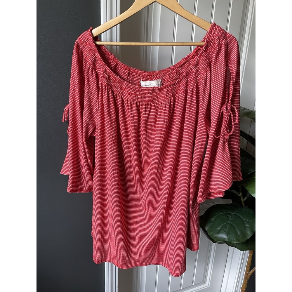 French Laundry Blouse 3X Red/White Striped 3/4 Sleeve Off Shoulder Knit Bow